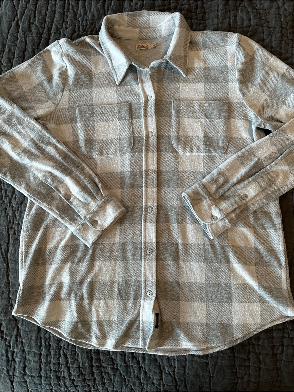 Faherty Legend Sweater Shirt in Light Gray Buffalo Check Plaid, size Medium.